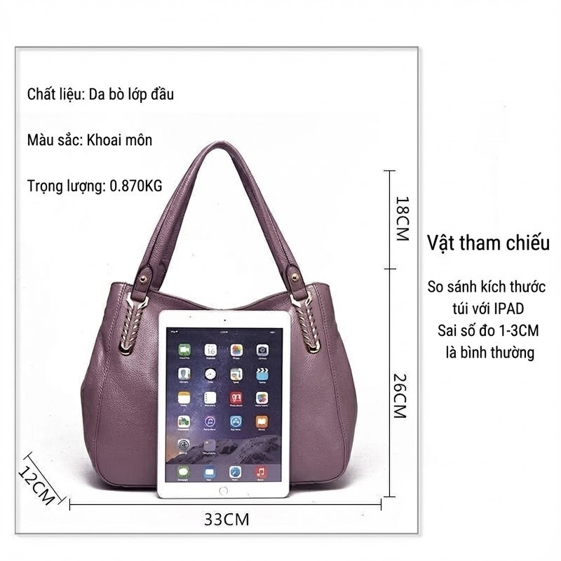Túi Tote Nữ Da Bò Sức Chứa Lớn Đeo Vai Đựng Tài Liệu Màu Tím