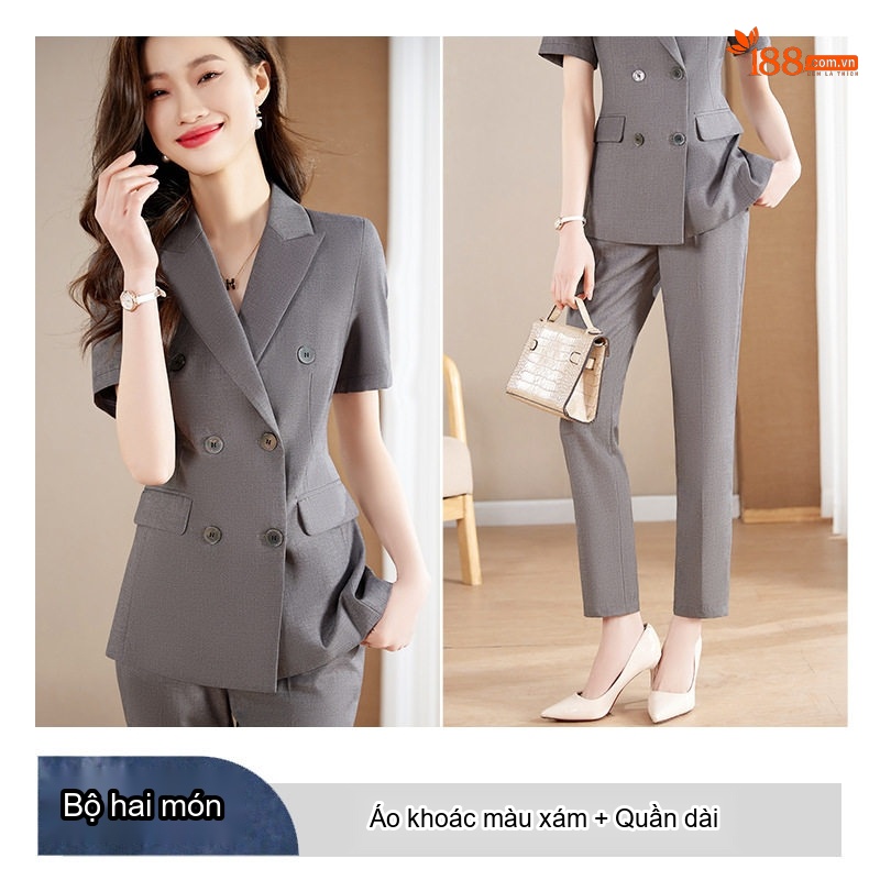 Bộ Vest Công Sở Nữ Tay Ngắn Mỏng Nhẹ Màu Xám, Xanh Than