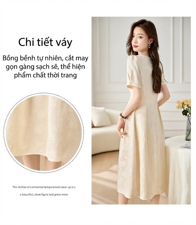 Váy Suông Nữ Tencel Tay Ngắn dáng chữ A Thanh Lịch Màu Be, Đen chi tiết 12