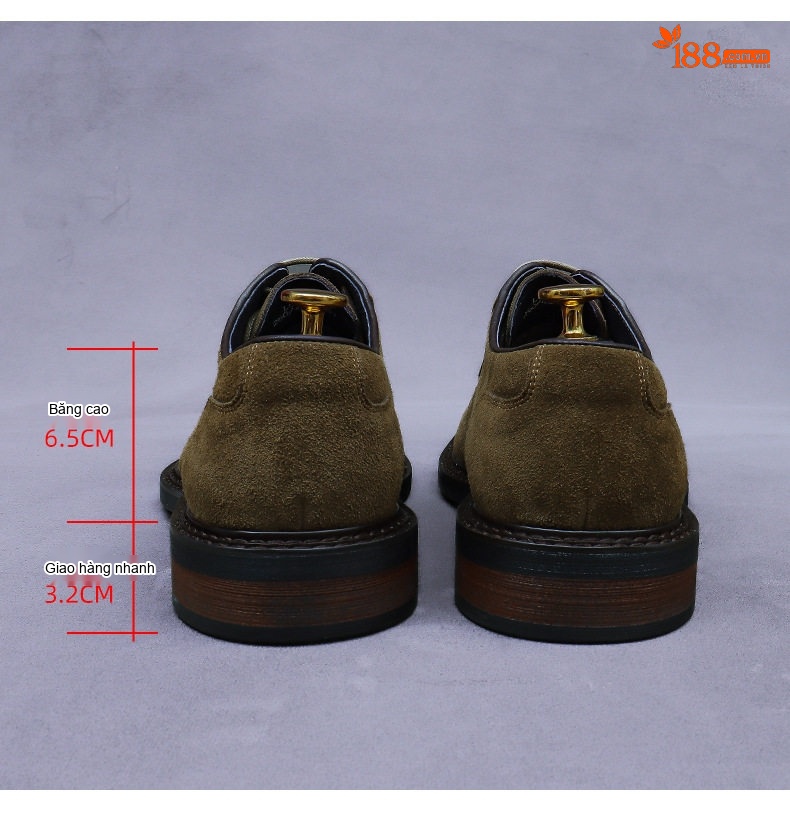 Giày Tây Buộc Dây Nam Da Bò Lộn Chiều Cao Đế Khoảng 3cm Màu Đen, Xanh Olive chi tiết 16