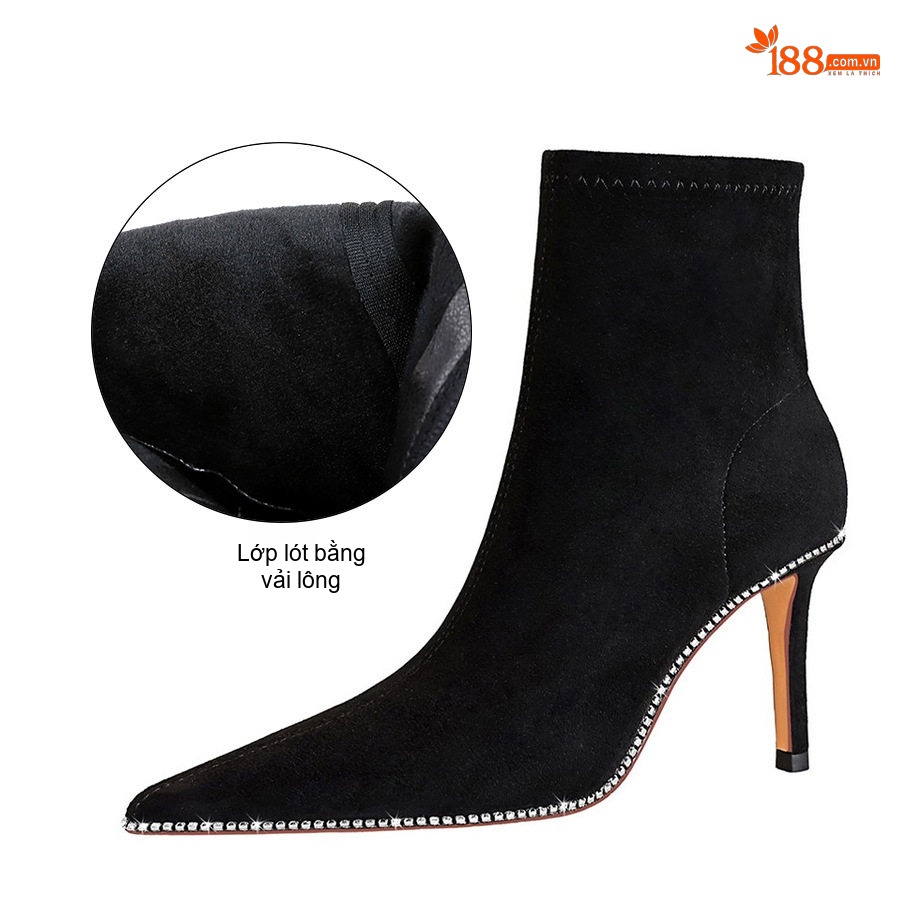Boot Nữ Nỉ Gót Nhọn Chiều Cao Đế Khoảng 7cm Viền Đá Sang Trọng Màu Đen