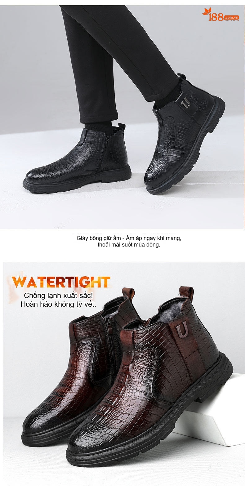 Boot Nam Da Thật Cao Cổ Lót Lông Cừu Giữ Ấm Chiều Cao Đế Khoảng 4cm Màu Đen, Nâu chi tiết 15