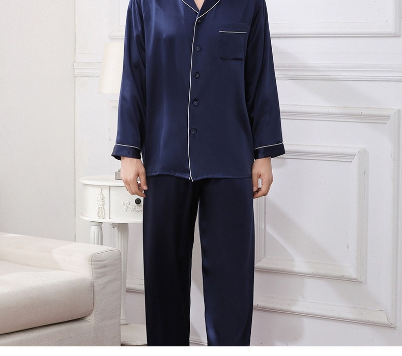 Bộ Đồ Ngủ Lụa Tơ Tằm Dài Tay Nam 100%桑蚕丝 Mùa Xuân Hè Màu Xanh Navy, Vàng Be, Xám, Đỏ chi tiết 7