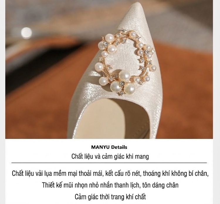 Giày Búp Bê Nữ Gót Vuông Chiều Cao Đế Khoảng 3cm Đính Đá, Ngọc Trai Màu Trắng Kem, Đỏ chi tiết 5