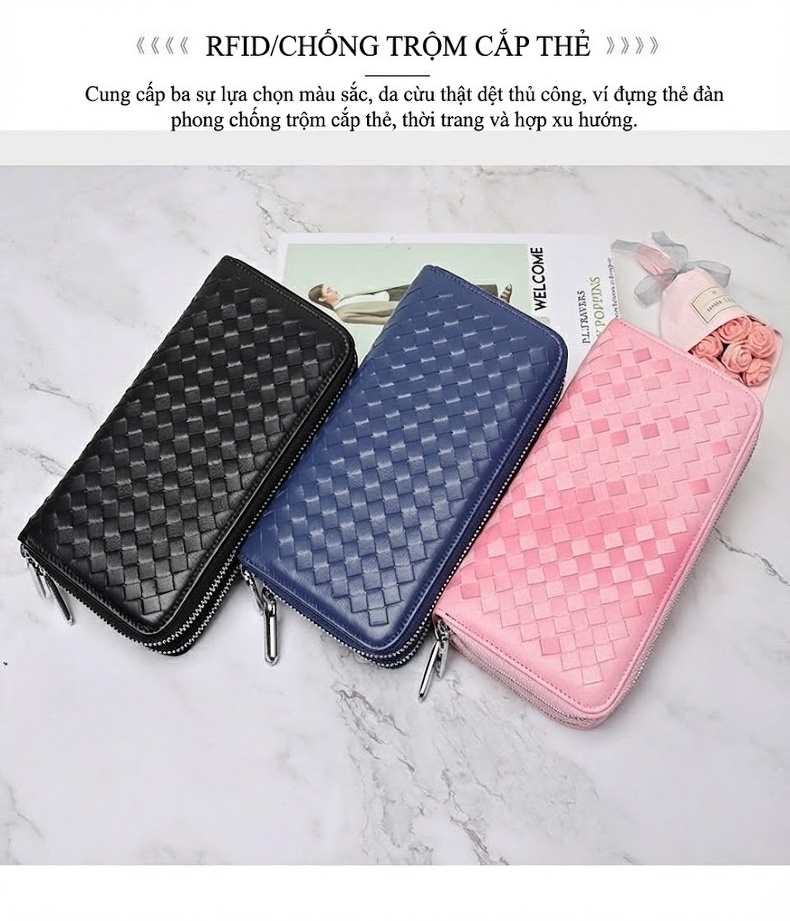 Ví Dài Nữ Da Cừu Thật Thủ Công Đan Móc Phong Cách Vintage Nhiều Ngăn Màu Đen, Hồng, Xanh Dương chi tiết 12