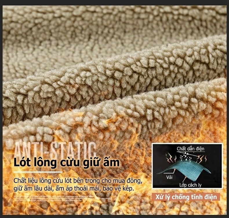 Áo Khoác Nam Vải Đũi Lót Lông Cừu Non Dày Dặn Phong Cách Hard Man Màu Xám, Nâu, Be chi tiết 7