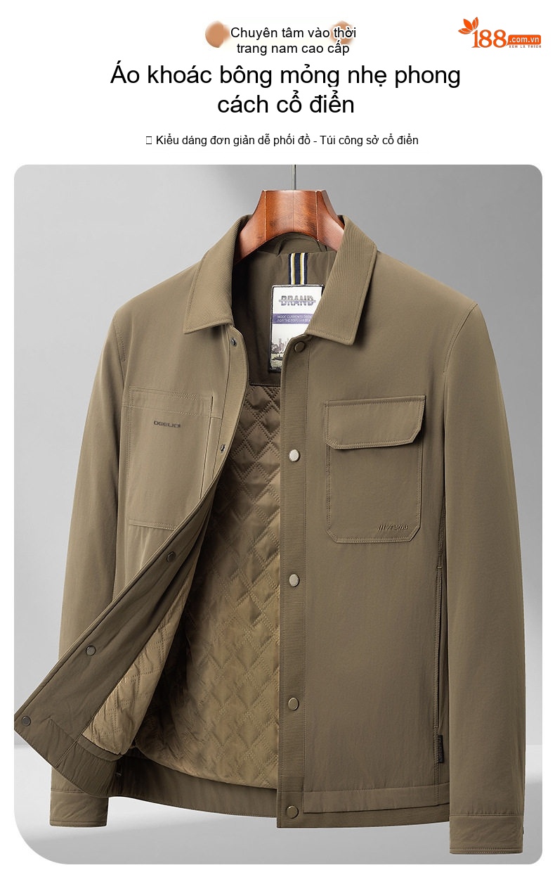 Áo Khoác Cotton Nam Tơ Tằm Chần Bông Dáng Ôm Vừa Màu Xanh Olive, Đen chi tiết 1