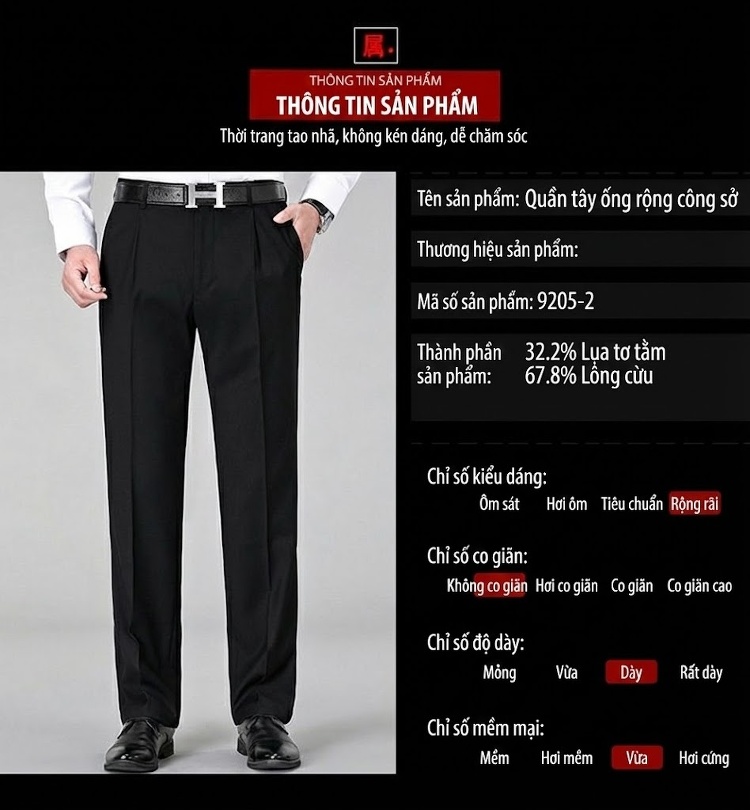 Quần Tây Nam Ống Đứng Lụa Tơ Tằm Dáng Rộng Trung Niên Màu Đen chi tiết 6