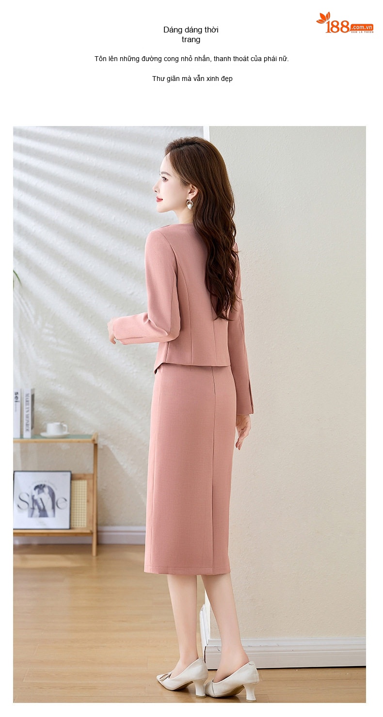 Set Bộ Vest Nữ Áo Blazer Tay Lỡ Chân Váy Bút Chì Công Sở Thanh Lịch Màu Hồng, Xanh, Xám chi tiết 10