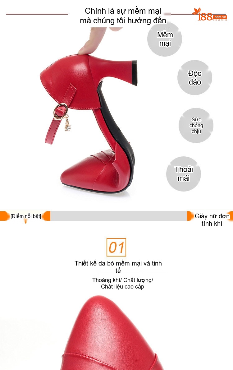 Giày Sandal Cao Gót Nữ Bít Mũi Quai Ngang Gót Vuông Da Bóng Gót Cao 7cm - 8cm Màu Đỏ, Kem, Đen chi tiết 2