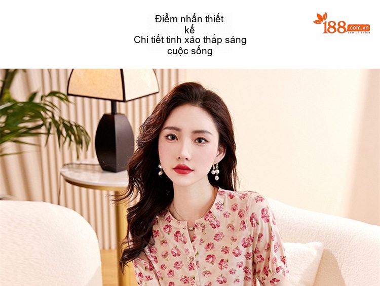 Váy Đầm Nữ Tiểu Thư Cổ chữ V Tay Ngắn Họa Tiết Hoa Nhỏ Thanh Lịch chi tiết 6
