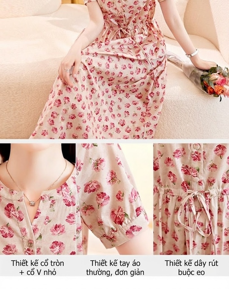 Váy Đầm Nữ Tiểu Thư Cổ chữ V Tay Ngắn Họa Tiết Hoa Nhỏ Thanh Lịch chi tiết 7