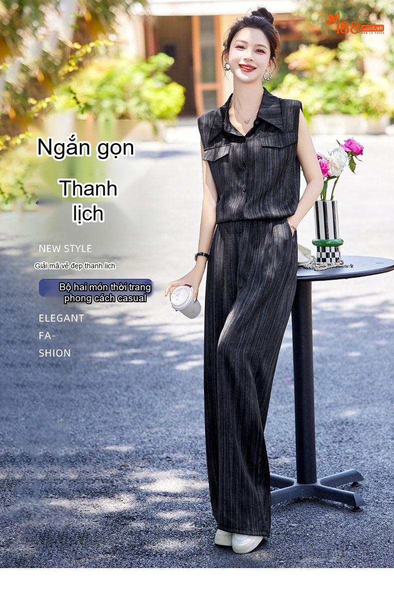 Bộ Quần Áo Nữ Áo Sơ Mi Không Tay Quần Ống Rộng Thoáng Mát Màu Đen chi tiết 1