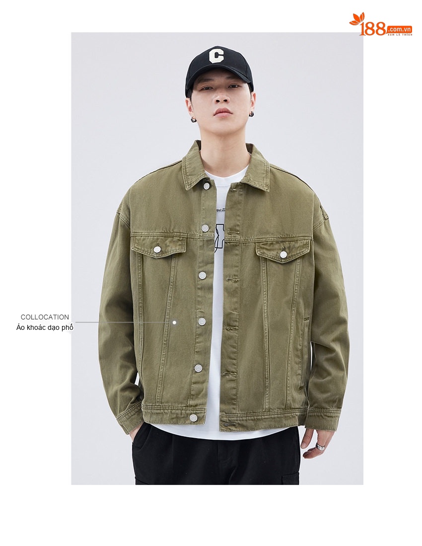 Áo Khoác Jeans Nam Dáng Rộng Phong Cách Retro Màu Hồng, Nâu, Tím, Xanh Lá chi tiết 33
