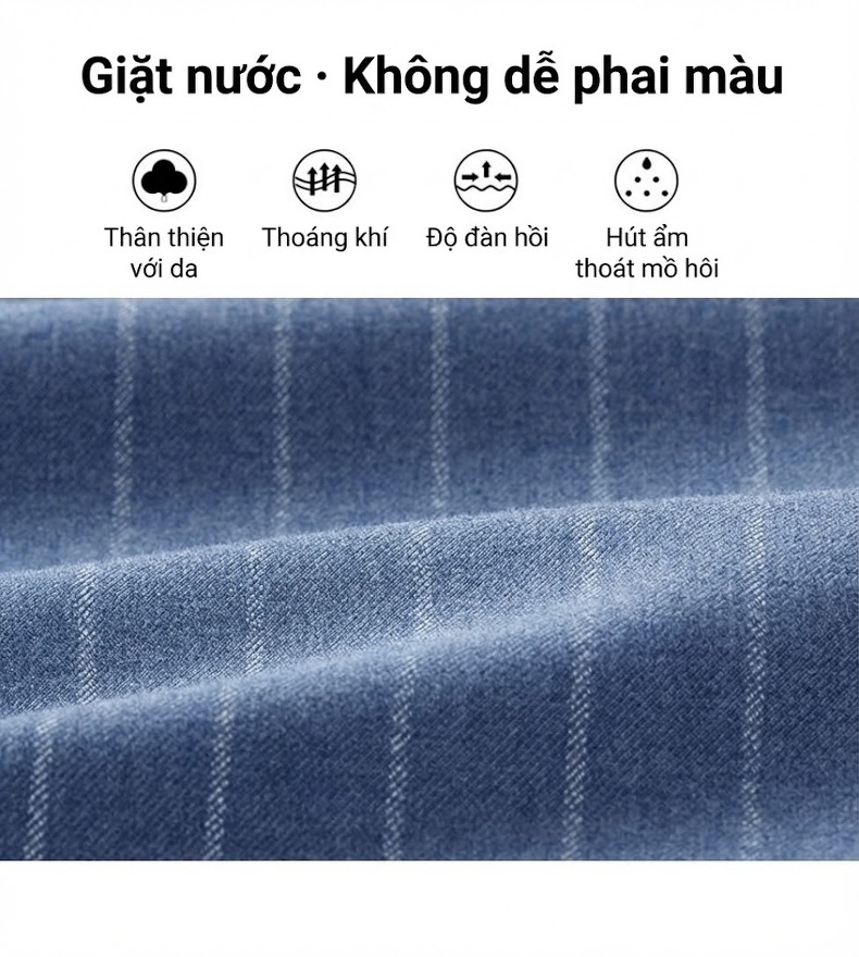 Áo Sơ Mi Nam Dài Tay Chứa Lông Cừu Co Giãn Chống Nhăn Sọc Kẻ Màu Xanh Lam chi tiết 6