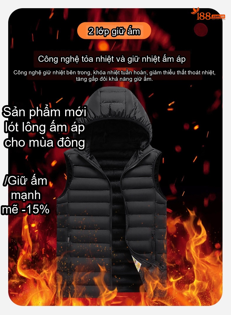Áo Gile Bông Nam Có Mũ Trùm Đầu Tháo Rời 100% Polyester Màu Đen, Xám, Xanh Lam, Xanh Đậm... chi tiết 5