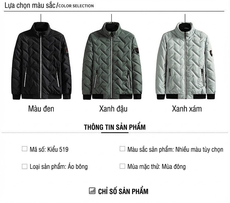 Áo Khoác Bông Nam Mùa Đông Dáng Bomber Cổ Trụ Phong Cách Hàn Quốc Màu Xám, Đen chi tiết 6