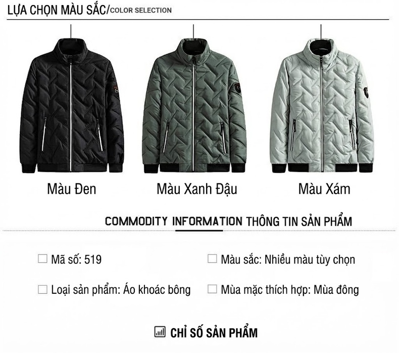 Áo Khoác Bomber Nam Cotton Lót Lông Vũ Giữ Ấm Phong Cách Hàn Quốc Màu Đen, Xám, Xanh Rêu chi tiết 9
