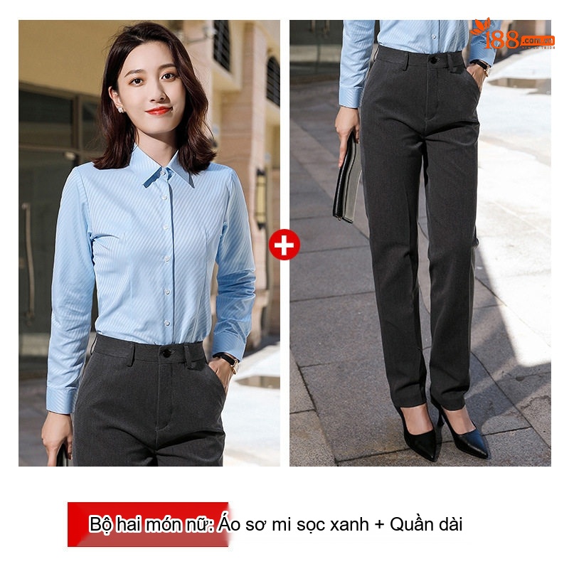 Áo Sơ Mi Dài Tay Nam Nữ Không Nhăn Phong Cách Công Sở Thêu Logo Màu Trắng, Xanh