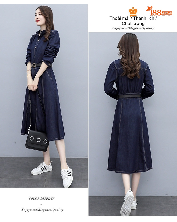 Váy Dài Tay Nữ Denim dáng chữ A Cổ Điển Thanh Lịch chi tiết 15
