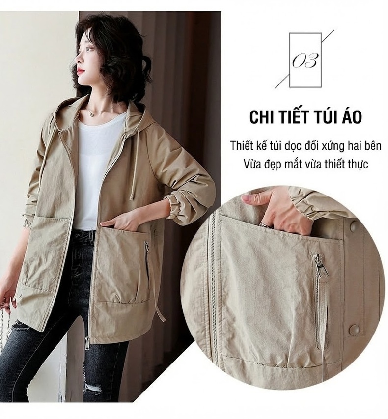Áo Khoác Gió Nữ Dáng Dài Vừa Vải Cotton Form Rộng Hàn Quốc Có Mũ Trùm Đầu Màu Be, Nâu chi tiết 6