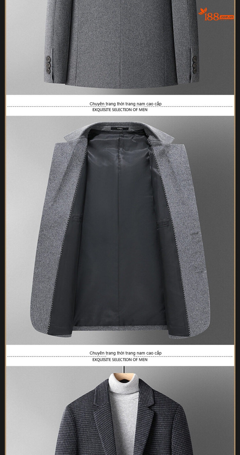 Áo Vest Nam 50% Len Kẻ Houndstooth Thu Đông Dáng Ôm Ngắn Màu Nâu, Xám, Đen chi tiết 10