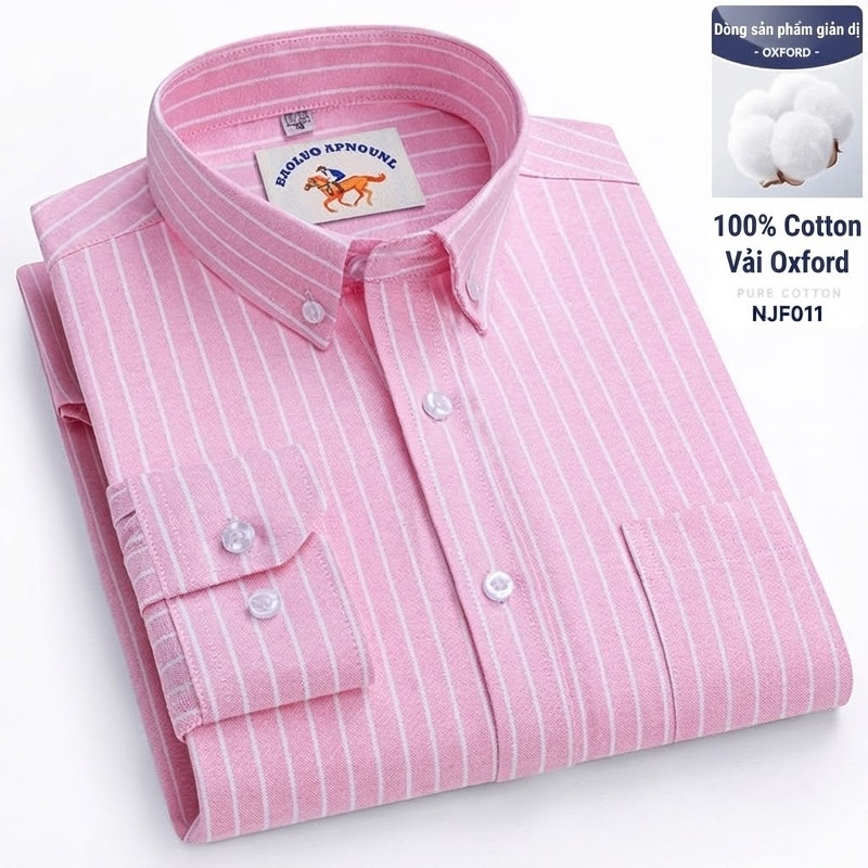 Áo Sơ Mi Nam Tay Dài Oxford Cotton Thoáng Khí Họa Tiết Kẻ Sọc Lớn Màu Xanh Dương, Đen, Trắng, Xám...