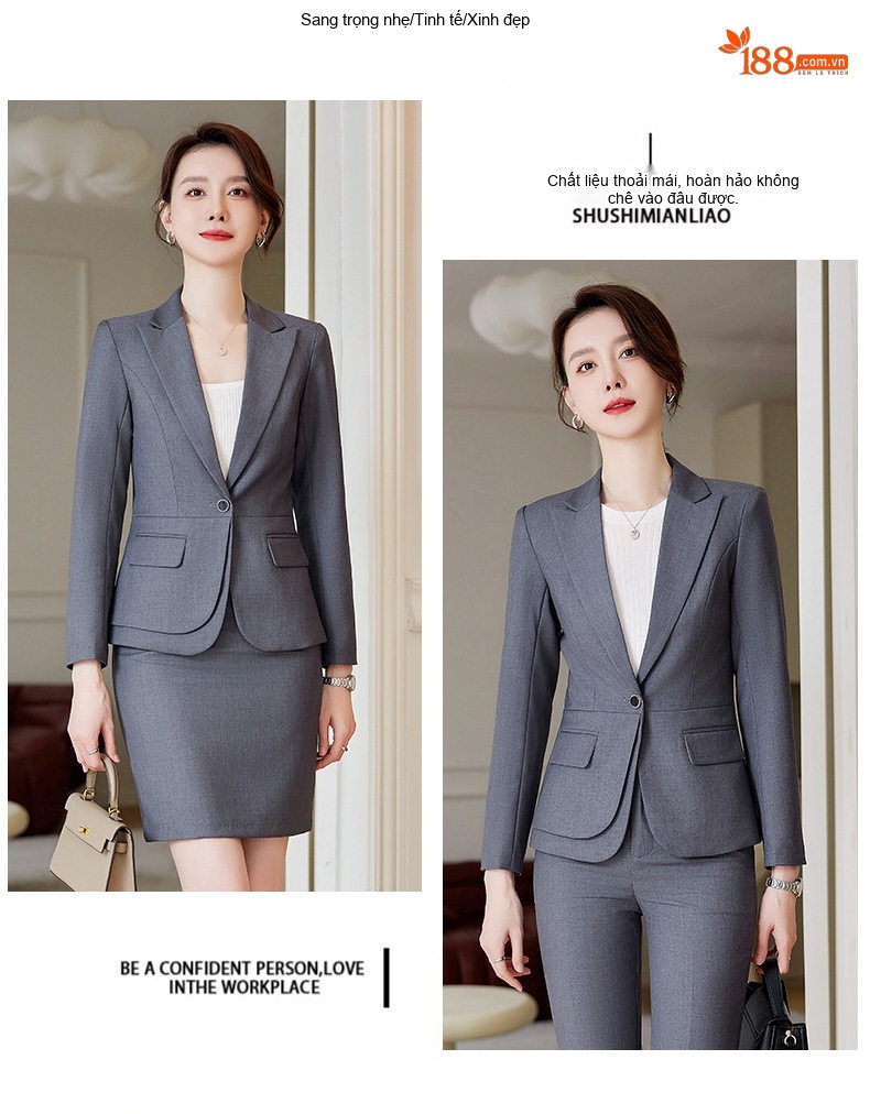 Bộ Vest Công Sở Nữ Thu Đông Dáng Ôm Thanh Lịch Màu Xám, Xanh Navy, Đen chi tiết 10