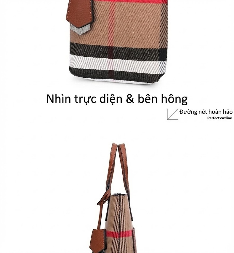 Túi Xách Nữ Vải Canvas Kẻ Ô Có Quai Xách Tay và Đeo Chéo Màu Nâu chi tiết 13