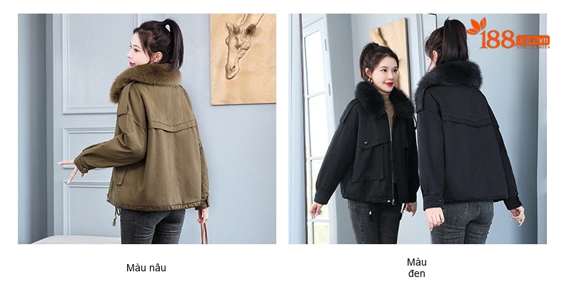 Áo Khoác Cotton Nữ Dáng Ngắn Lót Lông Cổ Lông Màu Đen, Xanh Rêu chi tiết 9