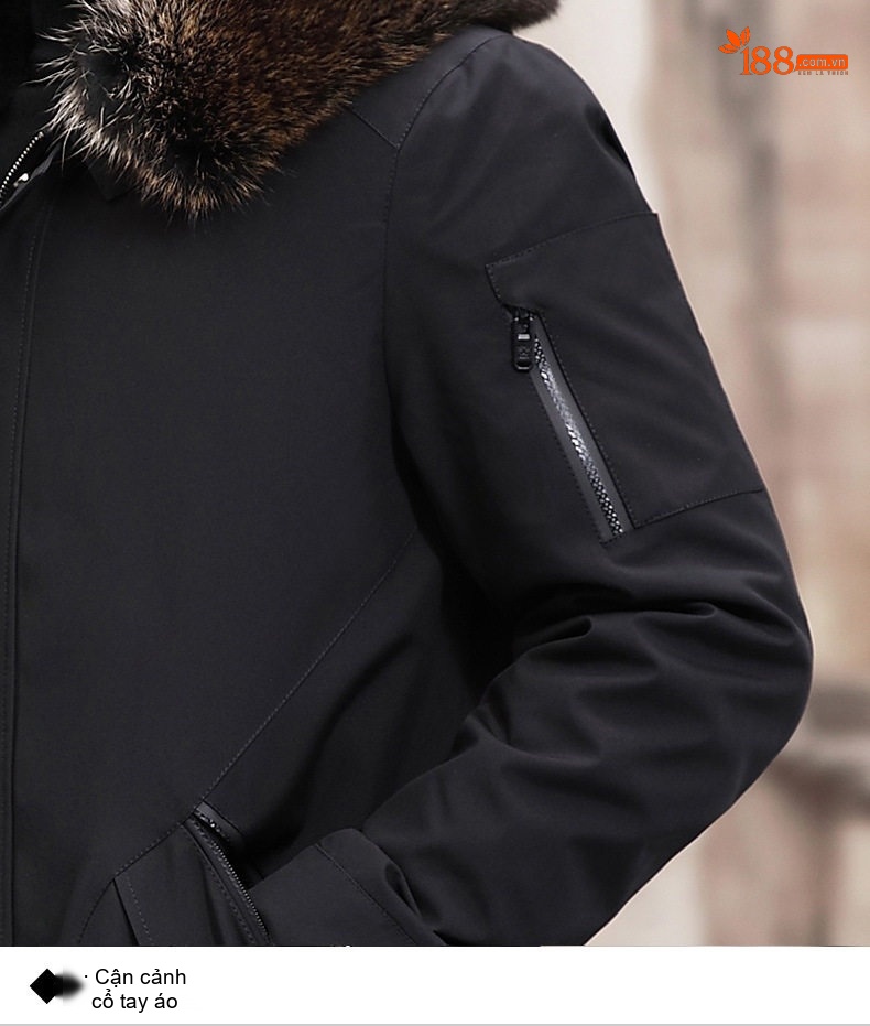 Áo Parka Nam Dáng Dài Lót Lông Thỏ Cổ Lông Cáo Màu Đen chi tiết 27