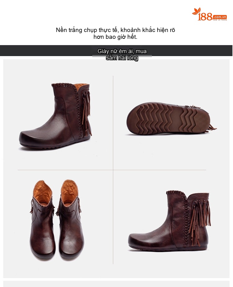 Boot Nữ Da Bò Cổ Ngắn Phong Cách Anh Chiều Cao Đế Khoảng 2cm Màu Nâu, Xám chi tiết 16