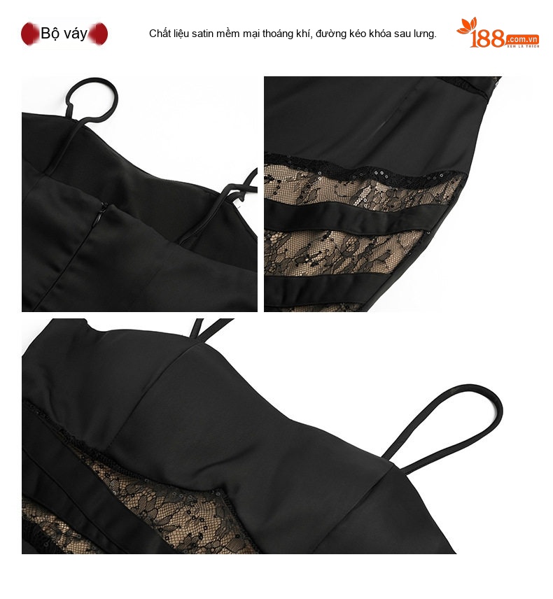 Set Áo Vest Ngắn Tay Dài và Đầm Dây Rút Eo Dáng Đuôi Cá Phong Cách Quý Cô Màu Đen chi tiết 6