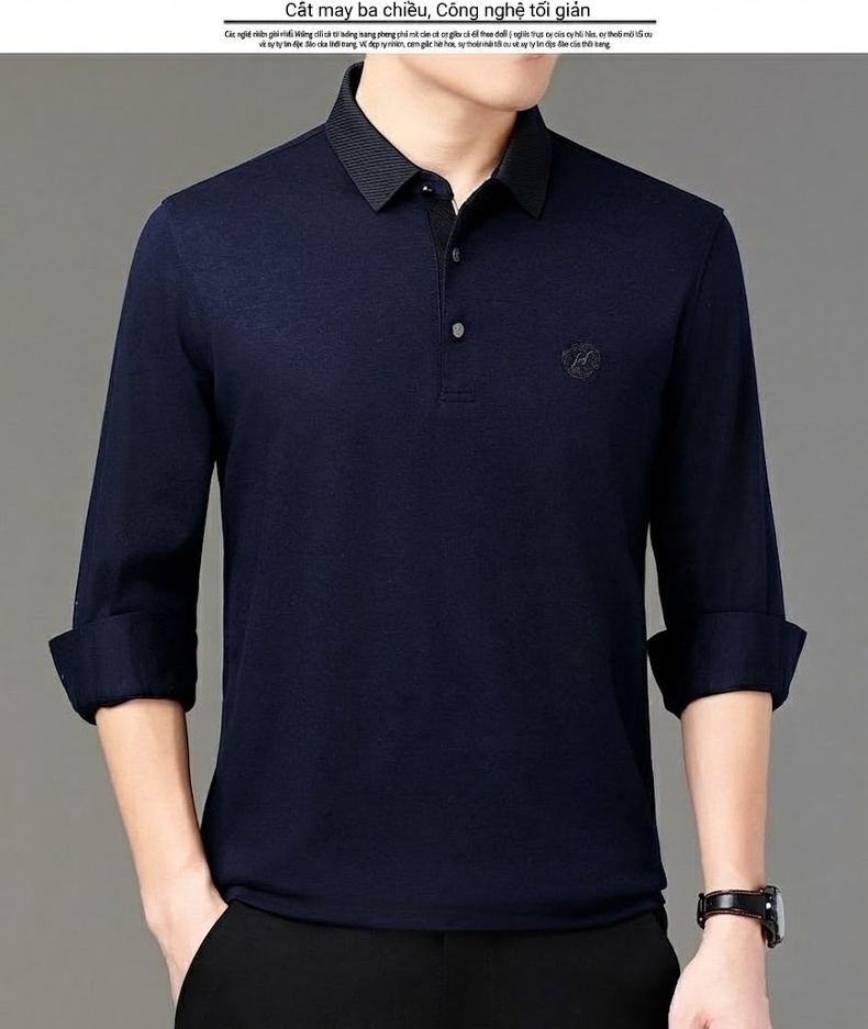 Áo Thun Polo Nam Tay Dài Cashmere Cổ Bẻ Phong Cách Doanh Nhân Màu Đen, Xám, Xanh Navy chi tiết 16