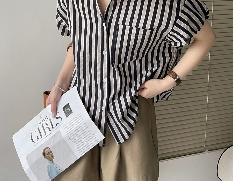 Áo Sơ Mi Nữ Tay Ngắn Cổ Polo Kẻ Sọc Phong Cách Ins Màu Xanh Lá, Đen chi tiết 13