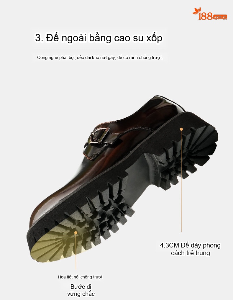 Giày Tây Monk Strap Nam Da Bóng Chiều Cao Đế Khoảng 4cm Màu Đen, Nâu chi tiết 10