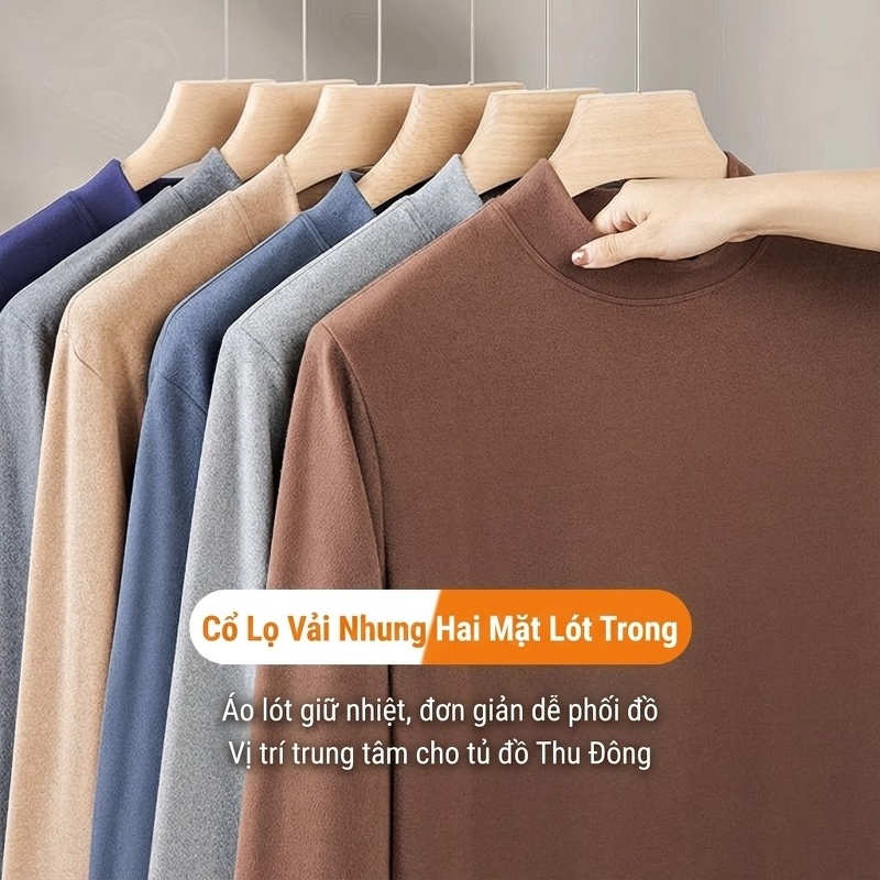 Áo Giữ Nhiệt Nam Dài Tay Cổ Lửng Lót Lông Hai Mặt Giữ Ấm Màu Đen, Xám, Trắng, Nâu...