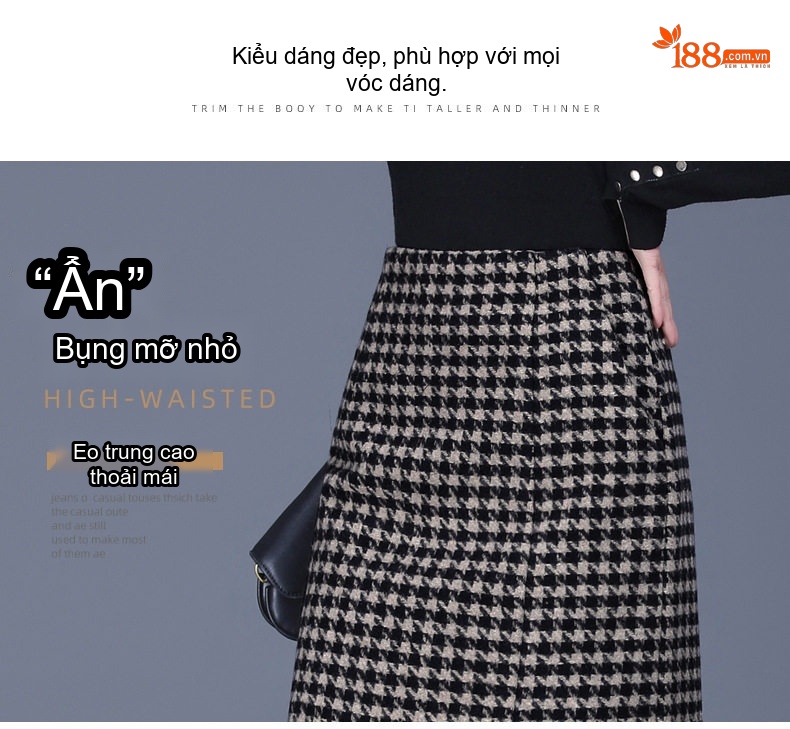Chân Váy Bút Chì Nữ Lưng Cao Dáng Suông Họa Tiết Caro Phong Cách Hàn Quốc Màu Đen, Kem chi tiết 8