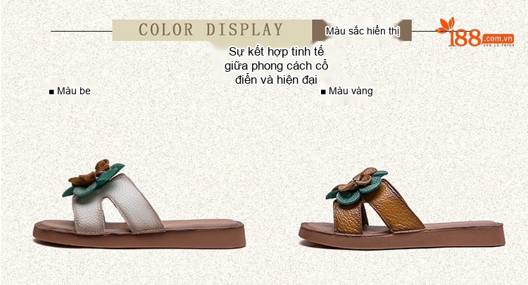 Dép Quai Ngang Nữ Da Bò Trang Trí Hoa Chiều Cao Đế Khoảng 2cm Màu Nâu, Trắng chi tiết 3