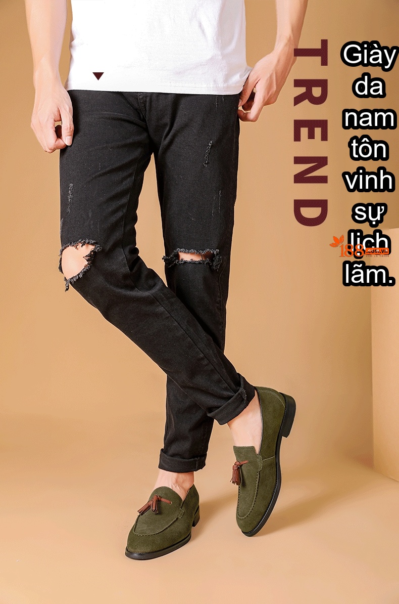 Giày Lười Nam Nỉ Chiều Cao Đế Khoảng 2cm Thiết Kế Retro Màu Nâu, Xanh Rêu chi tiết 5