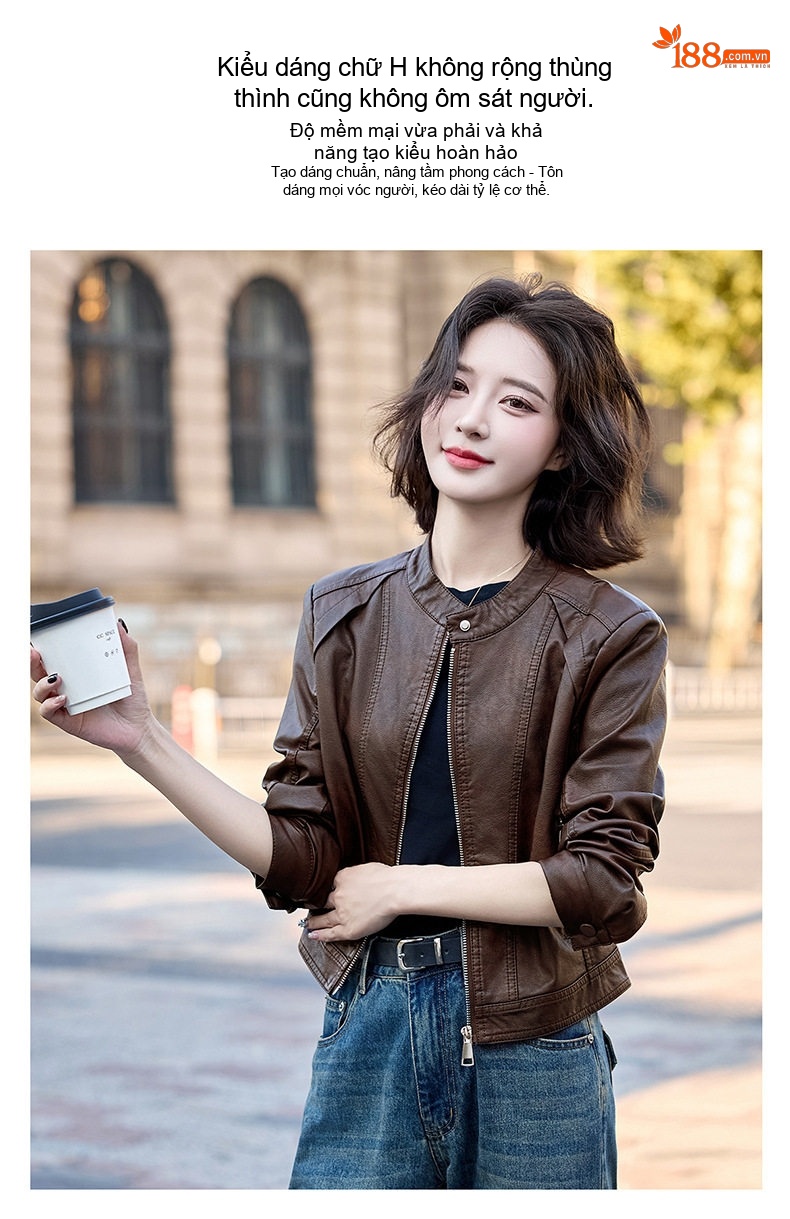 Áo Khoác Da Kiểu Bomber Nữ Dáng Ngắn Da Bóng Màu Đen, Nâu chi tiết 5