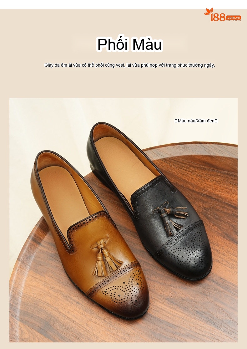 Giày Lười Nam Da Bò Brogue Tua Rua Chiều Cao Đế Khoảng 3cm Màu Đen, Nâu chi tiết 4