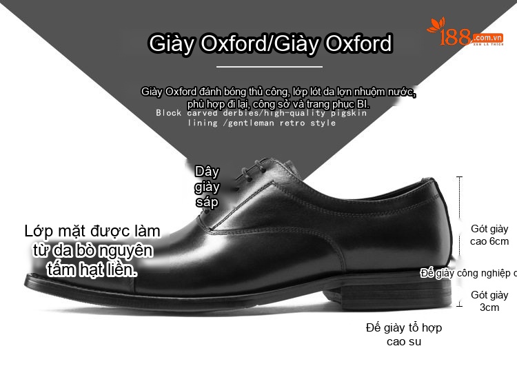 Giày Tây Oxford Nam Da Bò Chiều Cao Đế Khoảng 3cm Màu Đen, Nâu chi tiết 2
