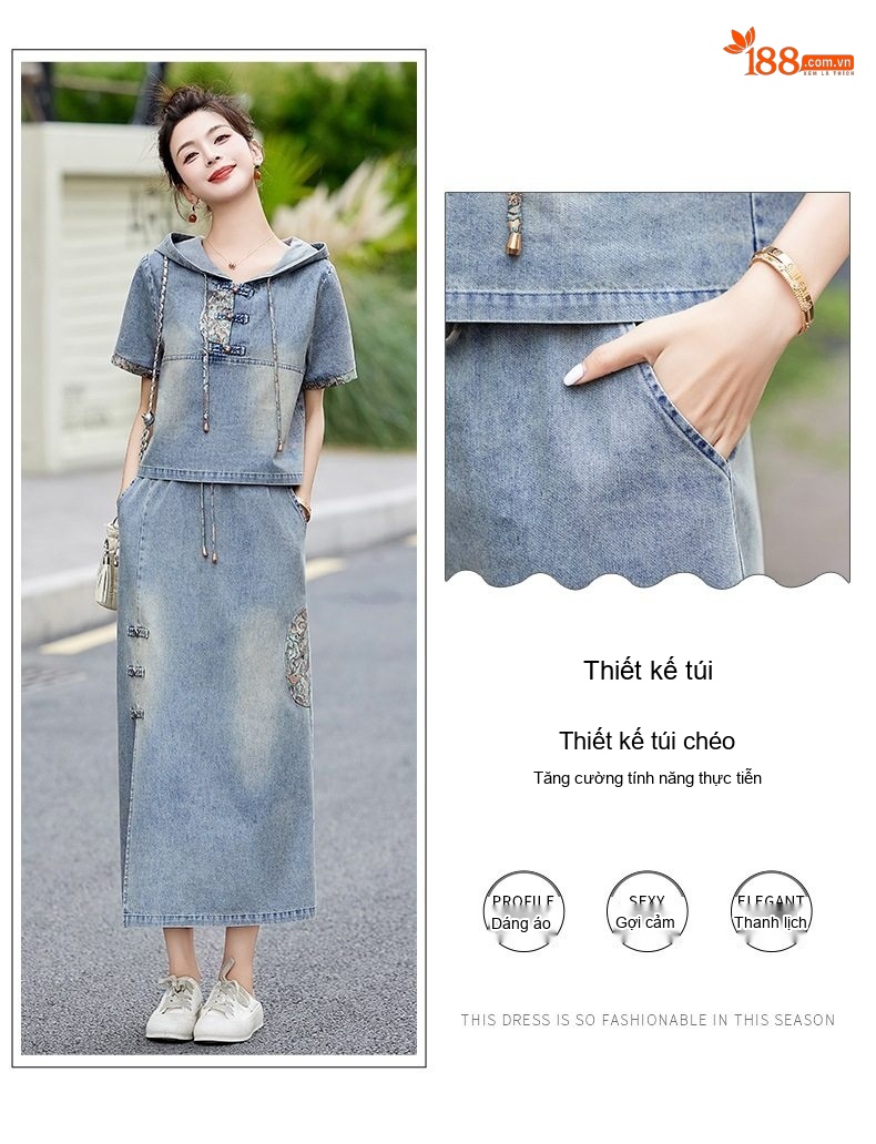 Set Bộ Quần Áo Nữ Phong Cách Trung Hoa Cổ Điển Áo Hoodie Tay Ngắn Chân Váy Jean Dáng Dài Thêu Họa Tiết chi tiết 11