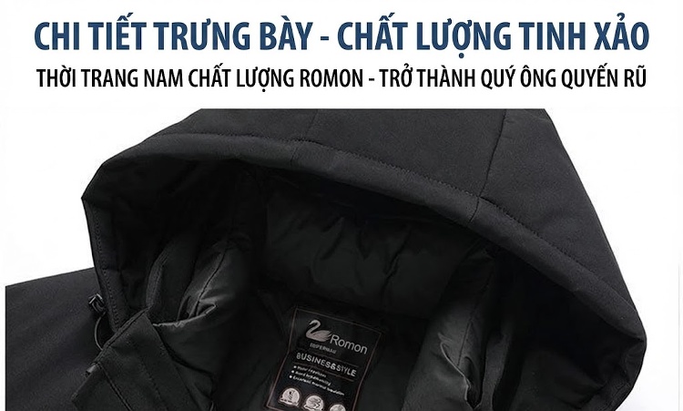 Áo Khoác Phao Nam Lông Vũ Dáng Dài Có Mũ Trùm Đầu Màu Đen, Xanh Navy chi tiết 17