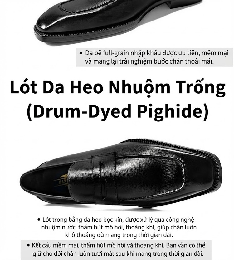 Giày Lười Penny Loafer Nam Da Bò Mũi Vuông Chiều Cao Đế Khoảng 3cm Màu Đen, Nâu chi tiết 11