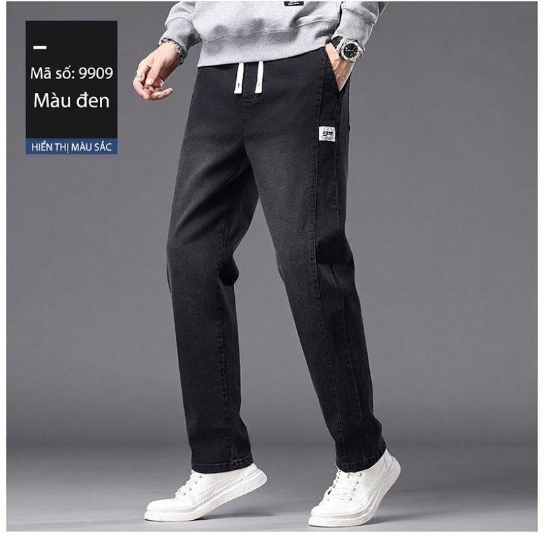 Quần Jean Nam Dáng Rộng Ống Suông Lưng Thun Co Giãn Phong Cách Retro Màu Xanh Dương, Xám Đen chi tiết 9