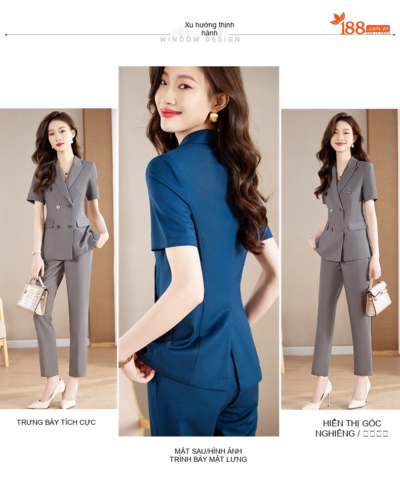 Bộ Vest Công Sở Nữ Tay Ngắn Mỏng Nhẹ Màu Xám, Xanh Than chi tiết 5