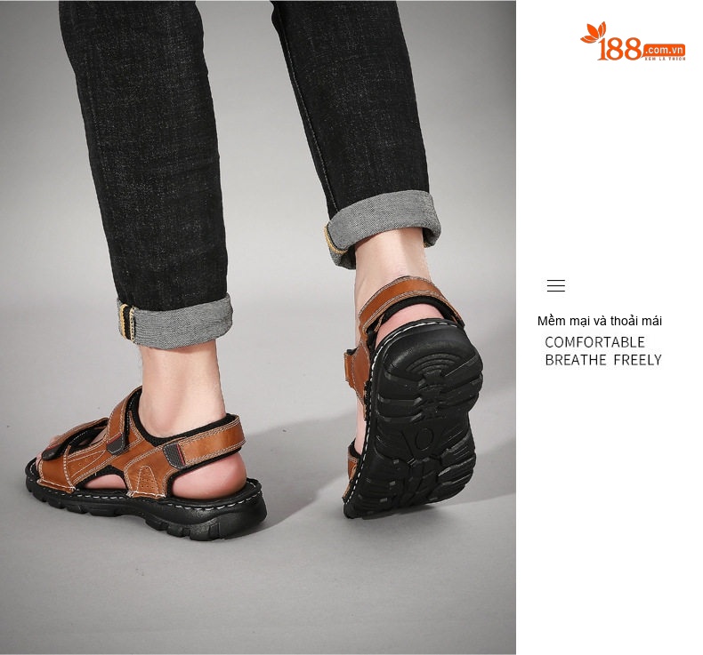 Dép Sandal Nam Xỏ Ngón Da Mờ Quai Dán Chiều Cao Đế Khoảng 3cm Màu Đen, Nâu, Xám, Rêu... chi tiết 20