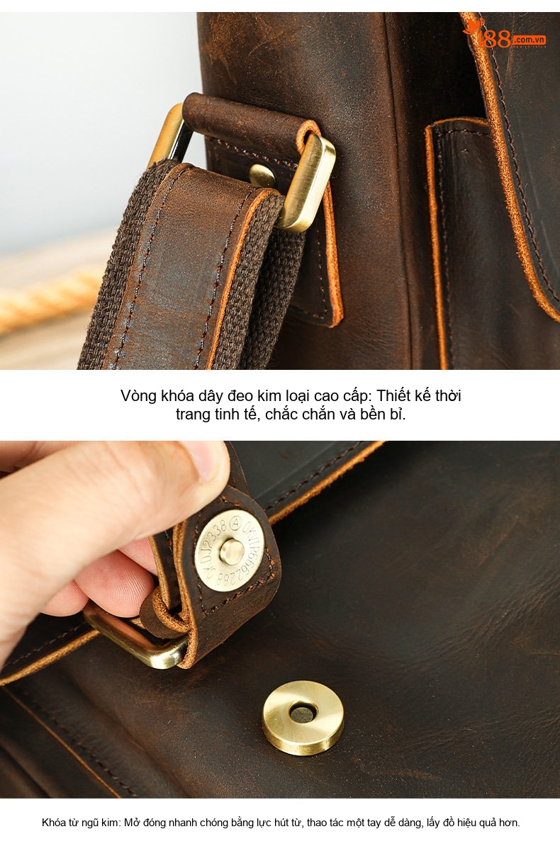 Túi Đeo Vai Nam Da Mộc Kiểu Dáng Postman Nắp Gập Cao Cấp Màu Nâu chi tiết 20